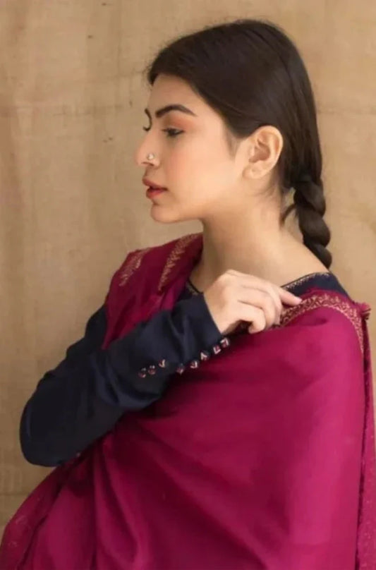 3PC Unstitched Dhanak Neckline Embroidered Shirt with Printed Shawl and Trouser - RC 1118