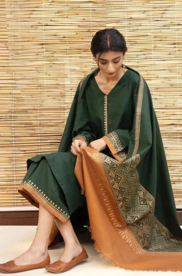 3PC Unstitched Dhanak Neckline Embroidered Shirt with Printed Shawl and Trouser - RC 1119