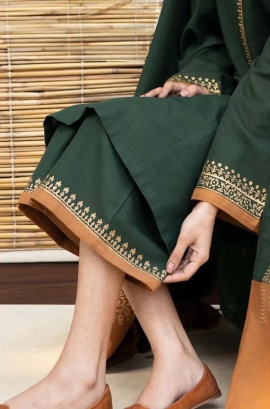 3PC Unstitched Dhanak Neckline Embroidered Shirt with Printed Shawl and Trouser - RC 1119