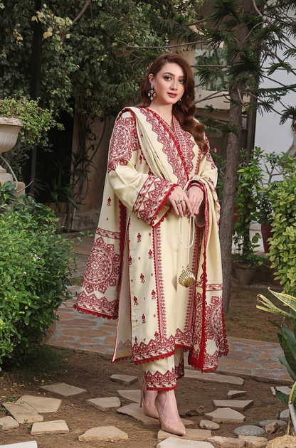 3PC Dhanak Embroidered Shirt with Dhanak Embroidered Shawl (Unstitched) - RC 1178