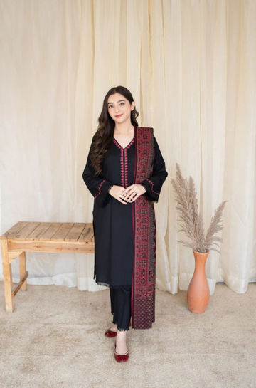 3PC Unstitched Dhanak Embroidered Shirt with Dhanak Shawl and Trouser - RC 1141