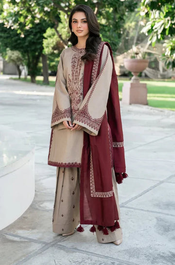 3PC Unstitched Dhanak Embroidered Shirt with Embroidered Dhanak Shawl and Trousers - RC 1102