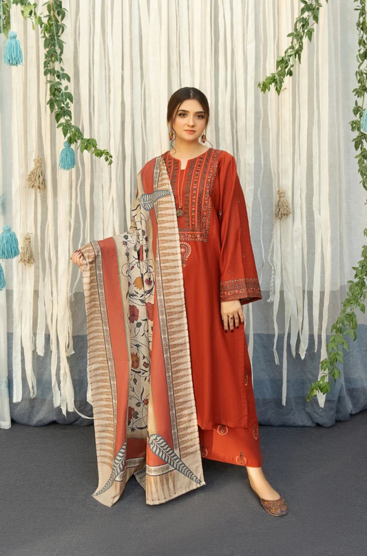 3PC Unstitched Khaddar Embroidered Shirt with Digital Printed Dupatta and Embroidered Trouser - RC 1180
