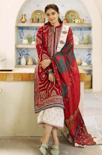 3PC Unstitched Lawn Embroidered Shirt with Digital Printed Slub Net Dupatta and Embroidered Trouser - RC 1030