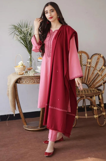 3PC Unstitched Dhanak Embroidered Shirt with Dhanak Embroidered Shawl and Trouser - RC 1120