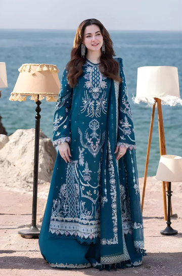 3PC Unstitched Lawn Heavy Embroidered Shirt with Printed and Embroidered Cotton Net Dupatta - RC 1011