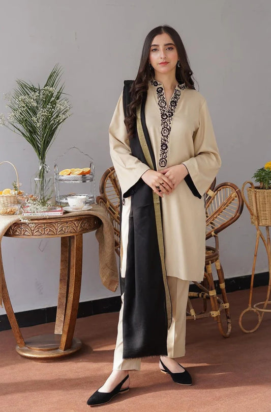 Aisling - 3PC Unstitched Dhanak Embroidered Shirt with Dhanak Patti Work Shawl and Trouser - RC 1124