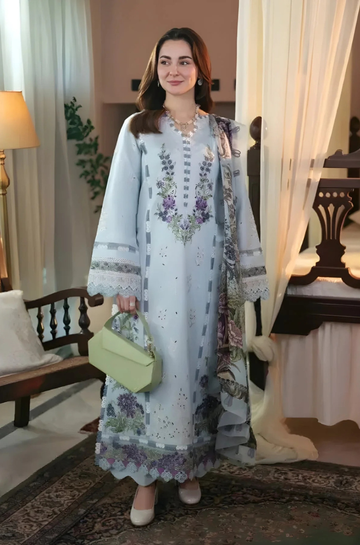 3PC Unstitched Lawn Embroidered Shirt with Printed Chiffon Dupatta - RC 1019