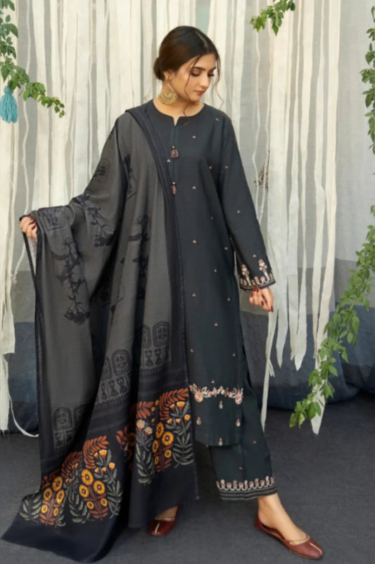 3PC Unstitched Dhanak Embroidered Shirt with Printed Shawl and Embroidered Trouser - RC 1125