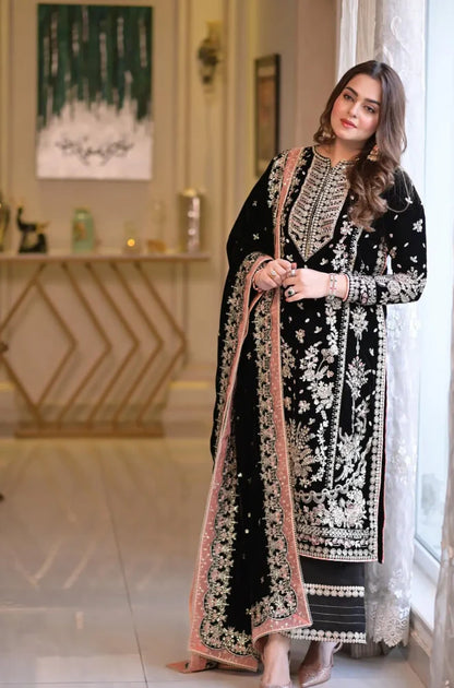 3PC EXCLUSIVE UNSTITCHED VELVET WEDDING DRESS - RC 1328