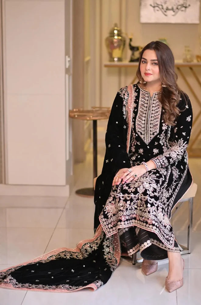 3PC EXCLUSIVE UNSTITCHED VELVET WEDDING DRESS - RC 1328