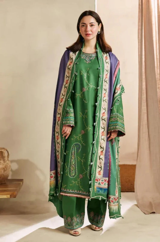 Zara Shah Jahan - 3PC Unstitched Dhanak Embroidered Shirt with Digital Printed Dhanak Shawl and Trouser - RC 1129