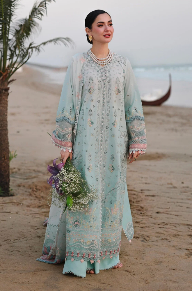 3PC Unstitched Lawn Embroidered Shirt with Embroidered Khadi Net Dupatta - RC 1201