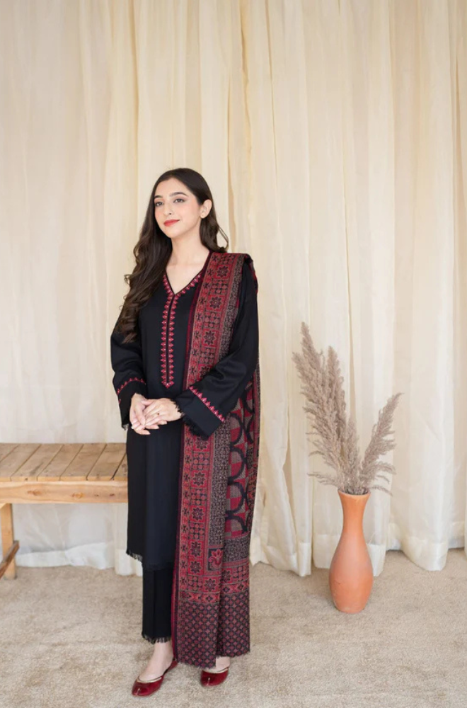 3PC Unstitched Dhanak Embroidered Shirt with Dhanak Shawl and Trouser - RC 1141