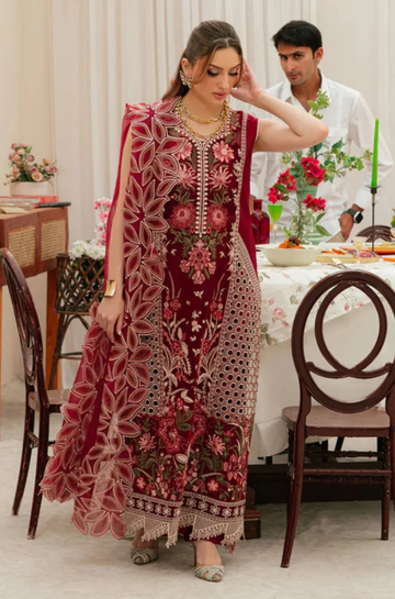 3PC Unstitched Lawn Embroidered Shirt with Embroidered Khadi Net Dupatta - RC 1042