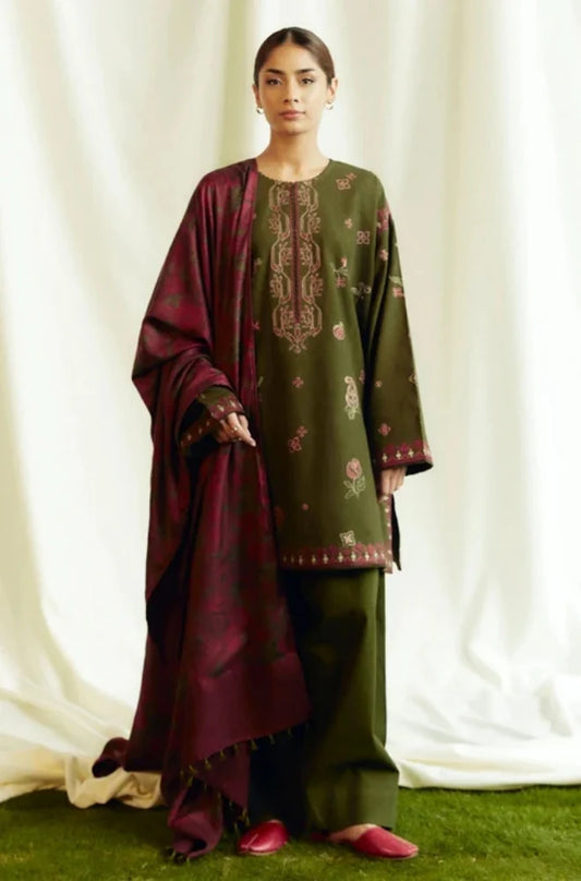 Zara Shah Jahan - 3PC Unstitched Dhanak Embroidered Shirt with Printed Shawl and Trouser - RC 1133