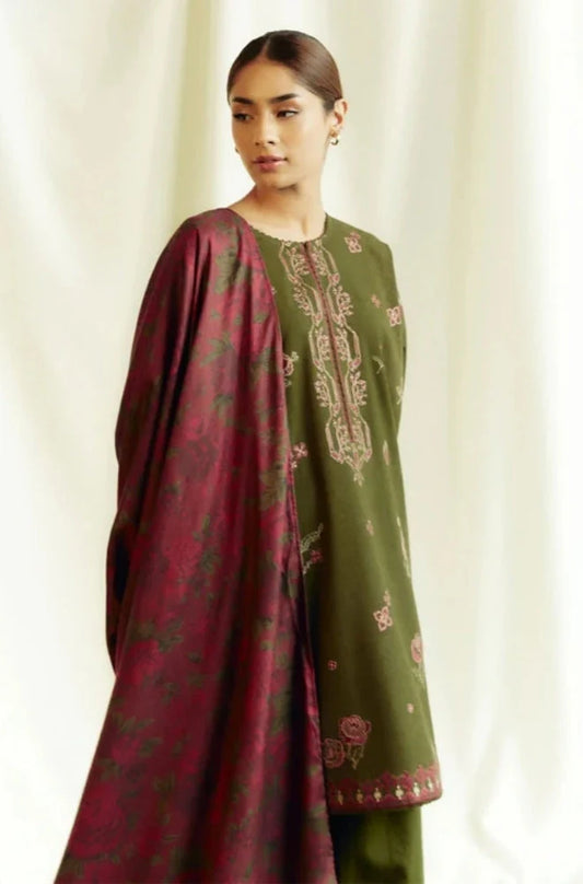 3PC Unstitched Dhanak Embroidered Shirt with Printed Shawl and Trouser - RC 1133
