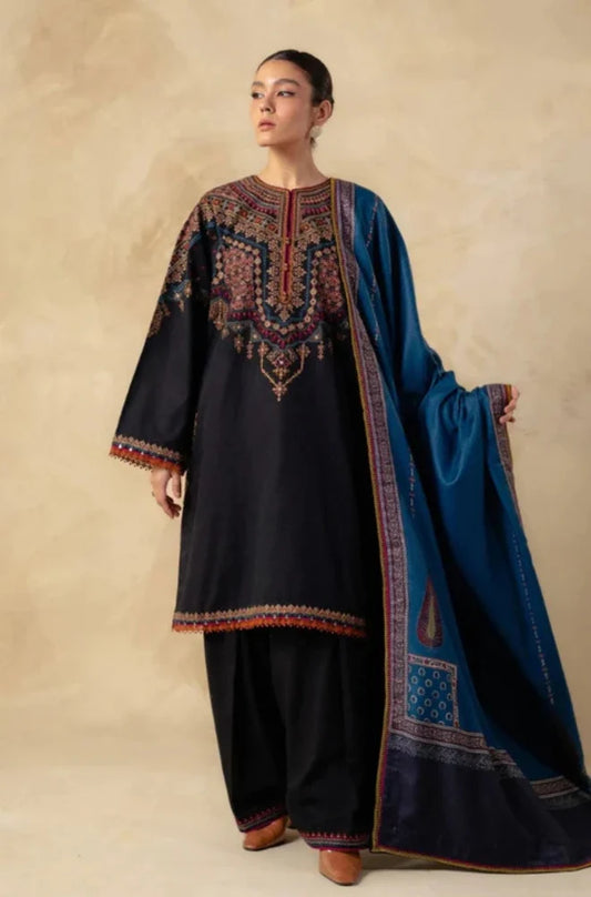 Zara Shah Jahan - 3PC Unstitched Dhanak Embroidered Shirt with Printed Shawl and Trouser - RC 1134