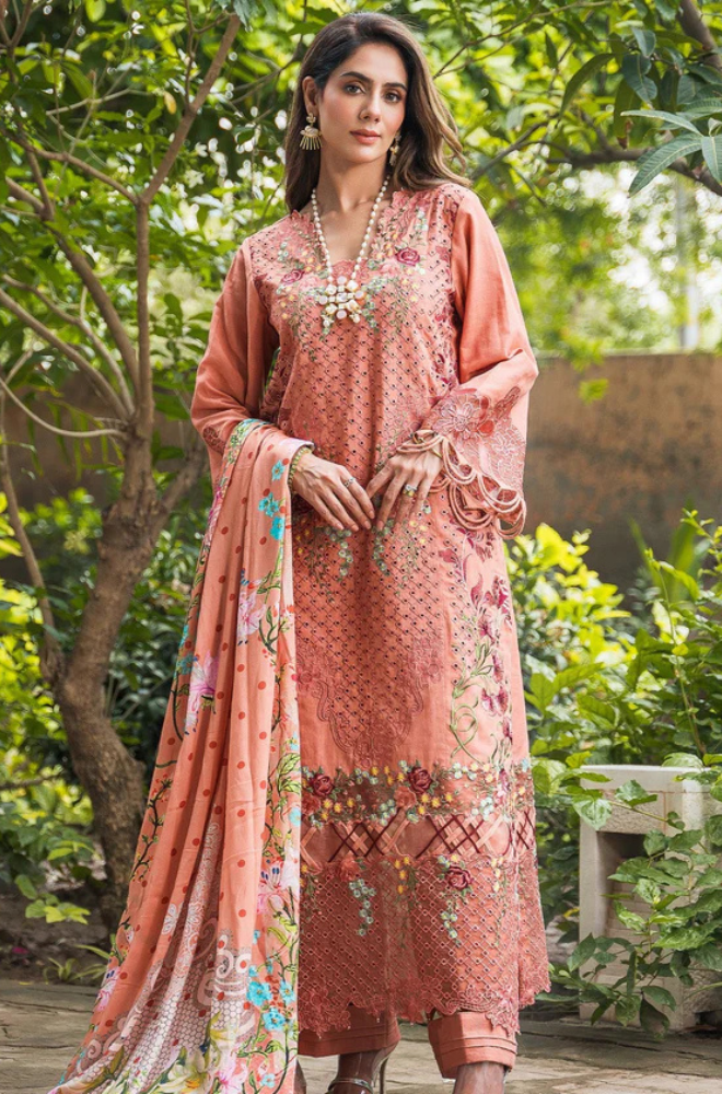 3PC Unstitched Lawn Embroidered Shirt with Embroidered Printed Chiffon Dupatta - RC 1034