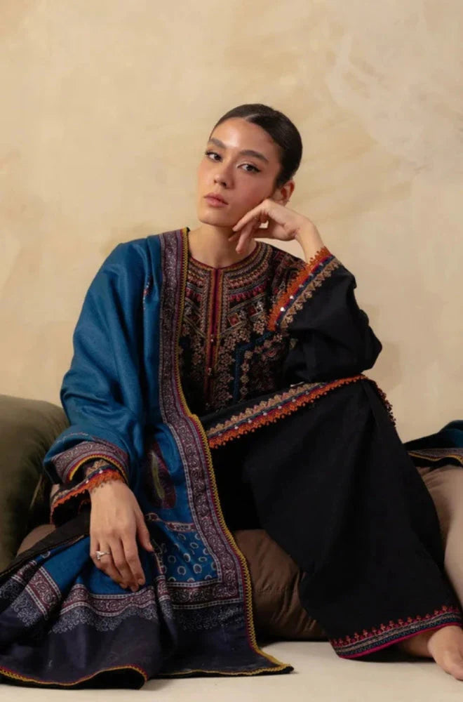 3PC Unstitched Dhanak Embroidered Shirt with Printed Shawl and Trouser - RC 1134