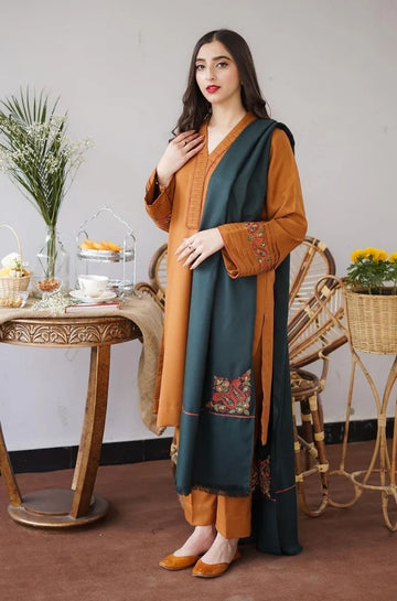 3PC Unstitched Dhanak Embroidered Shirt with Embroidered Dupatta and Trouser - RC 1135