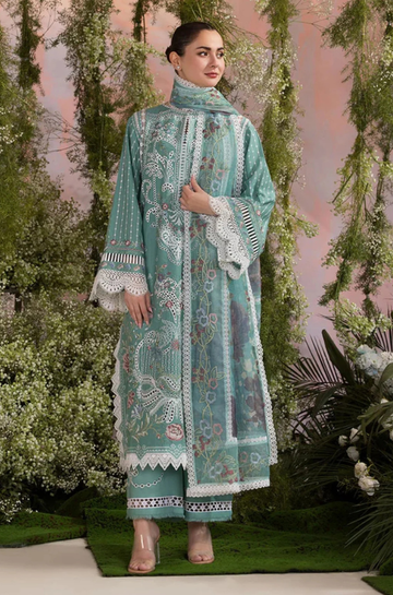 3PC Unstitched Lawn Embroidered Shirt with Embroidered & Printed Chiffon Dupatta - RC 1036