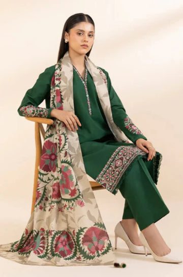 3PC Unstitched Khaddar Embroidered Front with Digital Printed Shawl and Plain Trouser - RC 1136