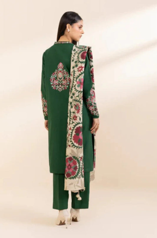 3PC Unstitched Khaddar Embroidered Front with Digital Printed Shawl and Plain Trouser - RC 1136