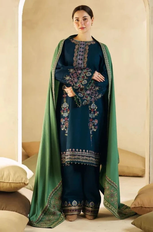 Zara Shah Jahan - 3PC Unstitched Dhanak Embroidered Shirt with Embroidered Dhanak Shawl and Trouser - RC 1137