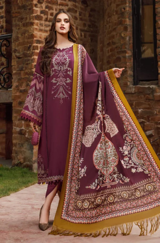 Maria B - 3PC Unstitched Dhanak Embroidered Shirt with Printed Shawl and Trouser - RC 1138