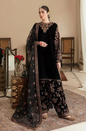 3PC Unstitched Velvet Wedding Dress - Black Fabric - RC 1338