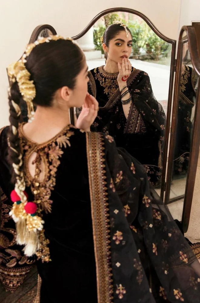 3PC Unstitched Velvet Wedding Dress - Black Fabric - RC 1338