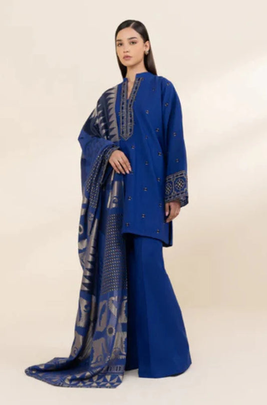 Sapphire - 3PC Unstitched Khaddar Embroidered Front with Digital Printed Shawl and Trouser - RC 1139