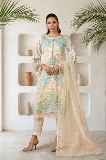3PC Unstitched Lawn Chikankari Embroidered Shirt with Pure Silk Digital Printed & Embroidered Dupatta - RC 1202