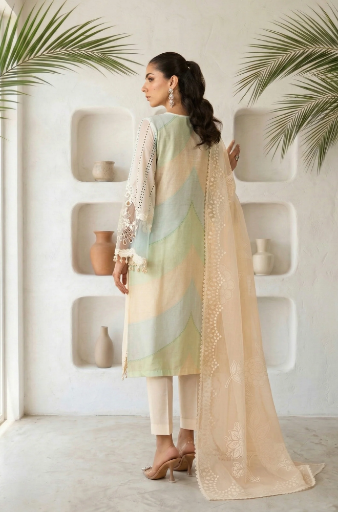 3PC Unstitched Lawn Chikankari Embroidered Shirt with Pure Silk Digital Printed & Embroidered Dupatta - RC 1202