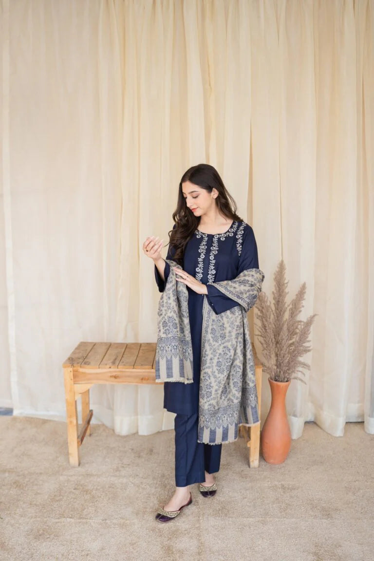 3PC Unstitched Dhanak Embroidered Shirt with Dhanak Shawl and Trouser - RC 1143