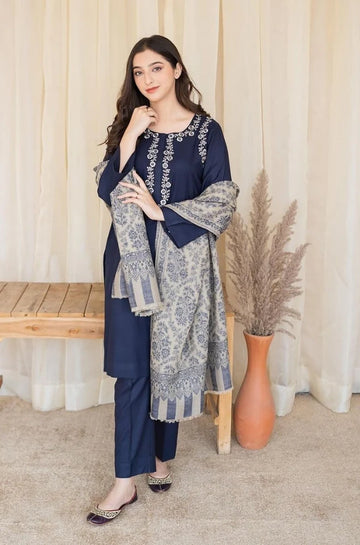 3PC Unstitched Dhanak Embroidered Shirt with Dhanak Shawl and Trouser - RC 1143