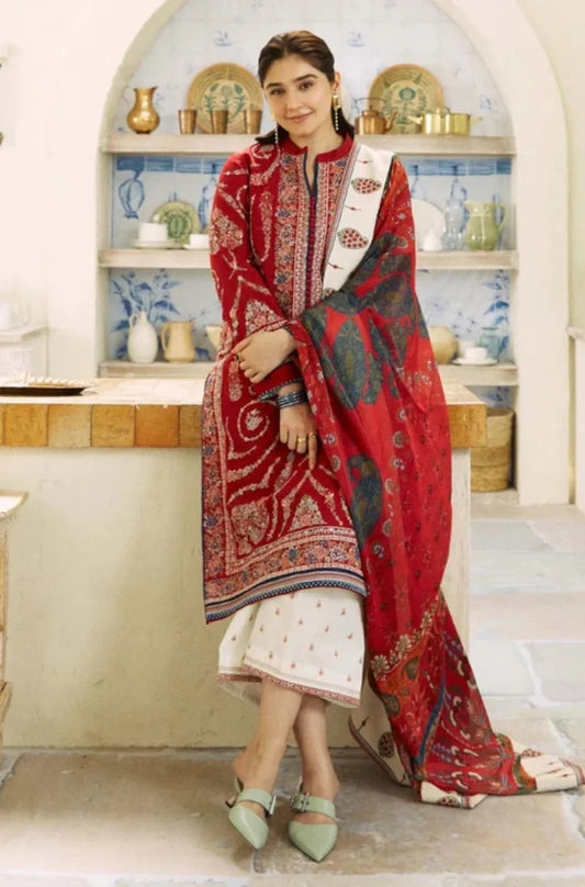 Zara Shah Jahan - 3PC Unstitched Dhanak Embroidered Shirt with Digital Printed shawl and Embroidered Trouser - RC 1148