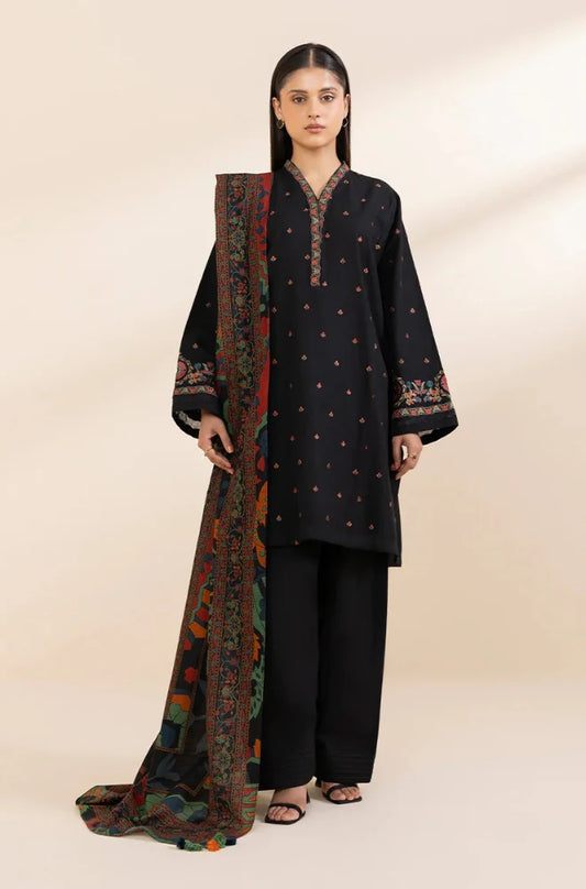 Sapphire - 3PC Unstitched Khaddar Embroidered Front with Digital Printed Shawl and Plain Trouser - RC 1149
