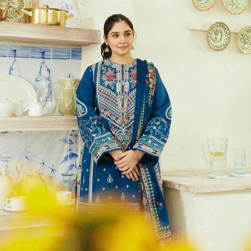 Zara Shah Jahan - 3PC Unstitched Lawn Embroidered Shirt with Digital Printed Silk Dupatta and Embroidered Trousers - RC 1009