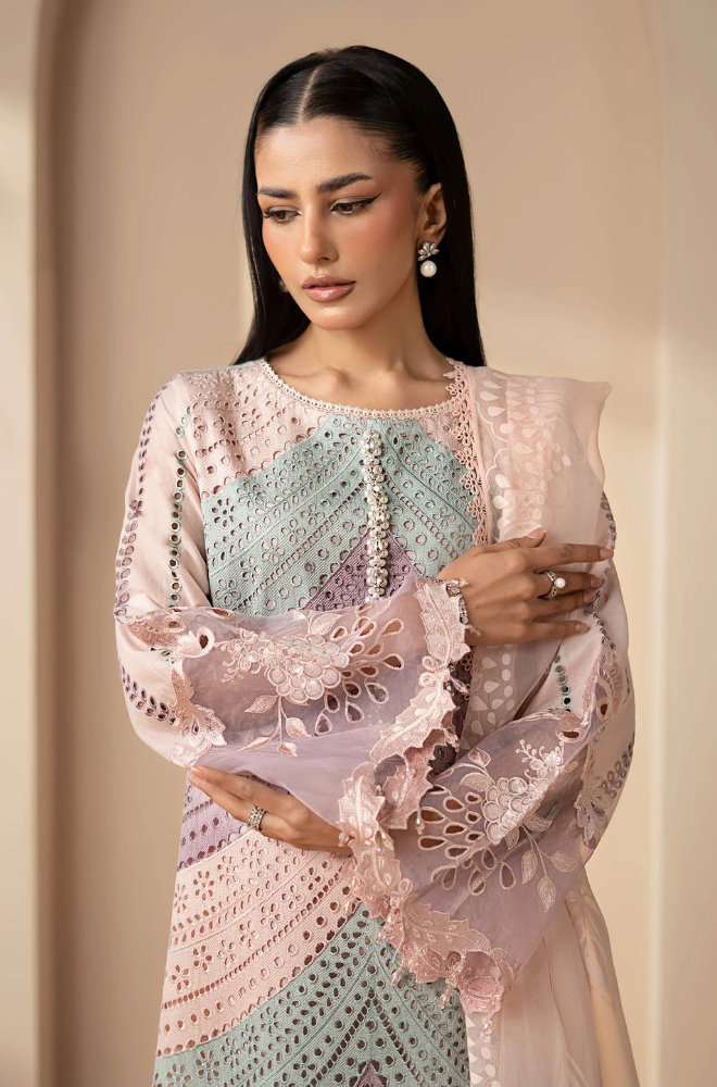 3PC Unstitched Lawn Chikankari Embroidered Shirt with Pure Silk Digital Printed & Embroidered Dupatta - RC 1203