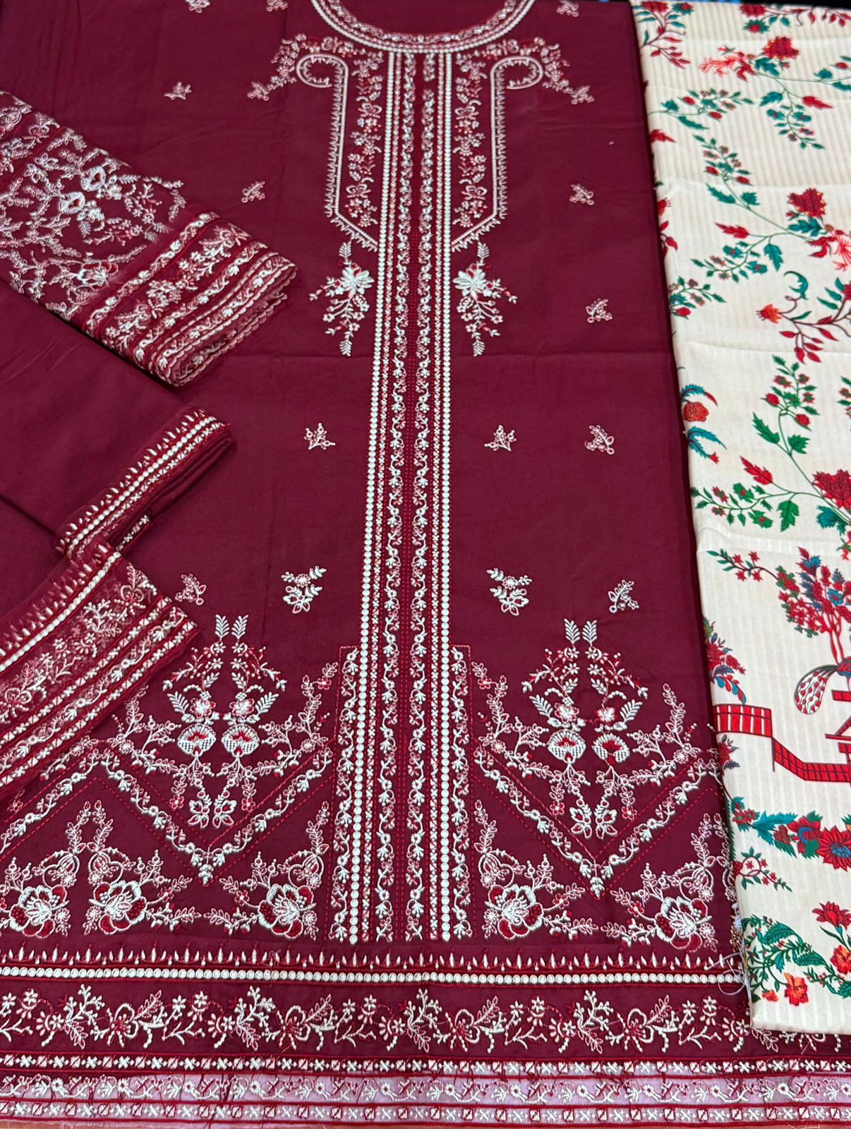 3PC Unstitched Dhanak Embroidered Shirt with Digital Printed shawl and Embroidered Trouser - RC 1181