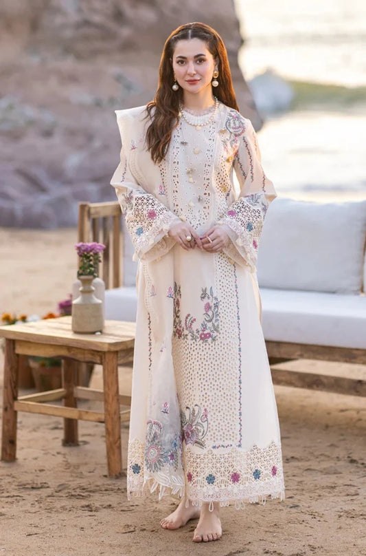 Qalamkaar - 3PC Unstitched Lawn Chicken Kari Embroidered Shirt with Embroidered Slub Net Dupatta - RC 1029