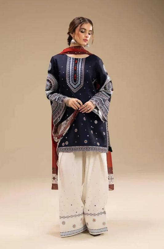 3PC Unstitched Dhanak Embroidered Shirt with Digital Printed shawl and Embroidered Trouser - RC 1156