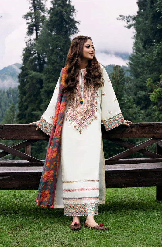 Sapphire - 3 PC Unstitched Khaddar Embroidered Shirt with Printed Shawl and Trouser - RC 1101