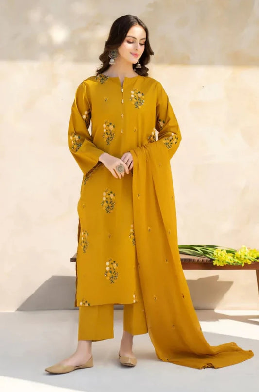 BAROQUE - 3PC Unstitched lawn Embroidered Shirt with Bamber Chiffon Dupatta and Trouser - RC 1001