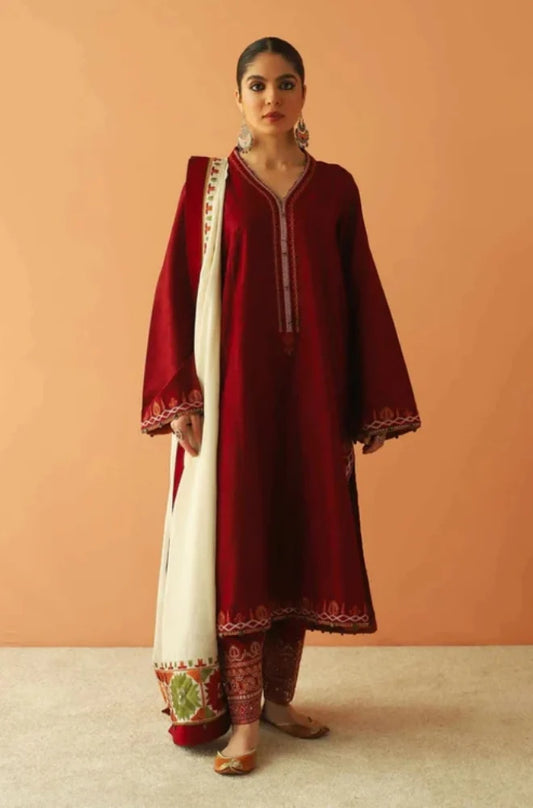Zara Shah Jahan - 3PC Unstitched Dhanak Embroidered Shirt with Embroidered Dhanak Shawl and Trouser - RC 1106
