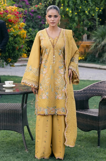3PC Unstitched Lawn Embroidered Shirt with Embroidered Slub Net Dupatta - RC 1060