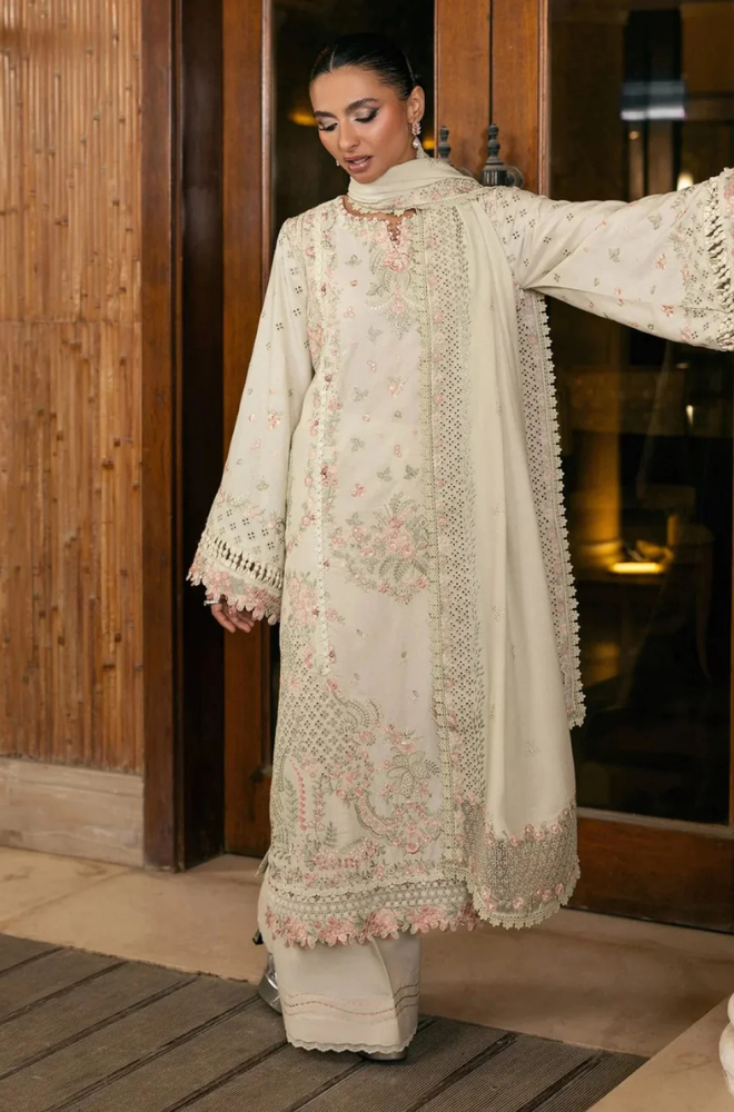 3PC Unstitched Lawn Embroidered Shirt with Embroidered Slub Net Dupatta - RC 1065