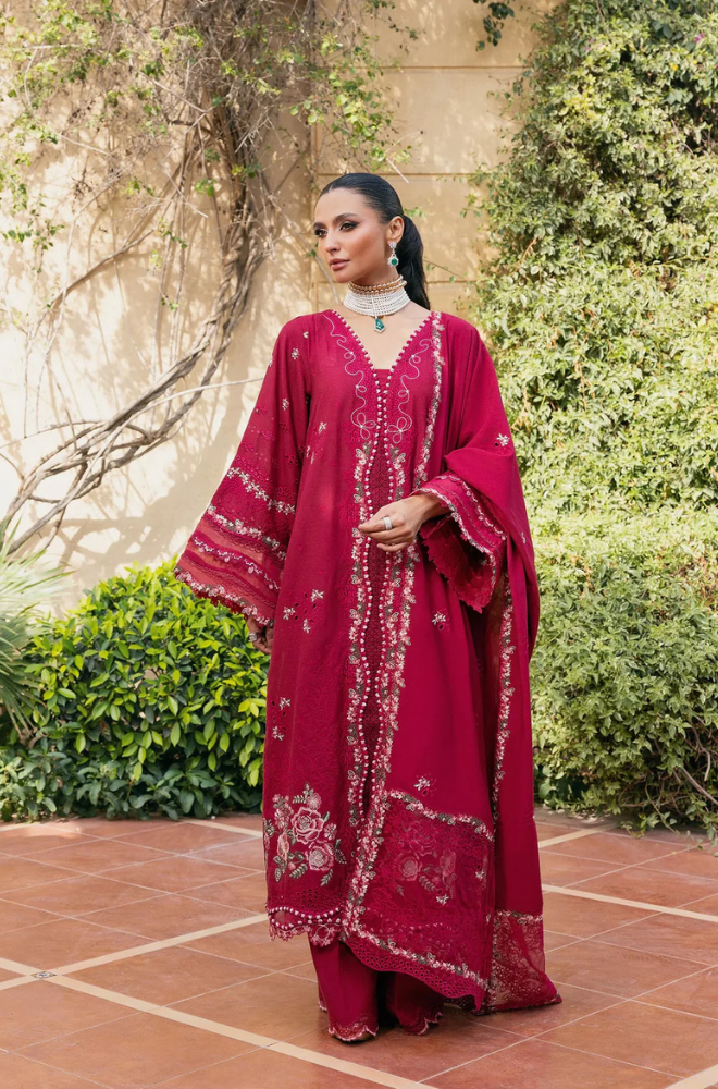 3PC Unstitched Lawn Embroidered Shirt with Embroidered Slub Net Dupatta - RC 1066
